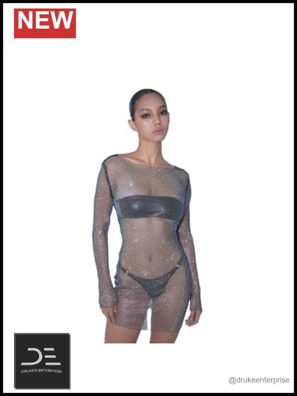 Rhinestone Sheer Mesh Long Sleeve Bodycon Mini Party Dress